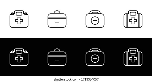 First aid kit icon set. Flat design icon collection isolated on black and white background. 