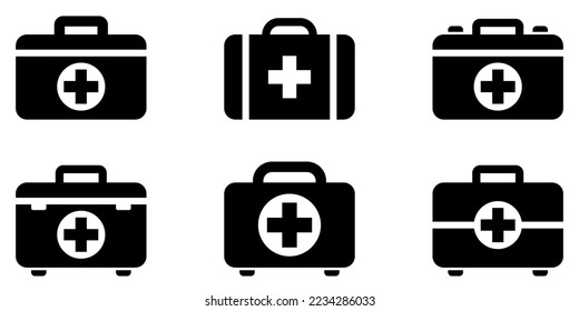 First aid kit icon. Set of black first aid kit icons on white background. Vector illustration. Symbols of first aid kit