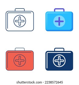 First aid kit icon set in flat and line style. Medical suitcase with cross symbol. Vector illustration