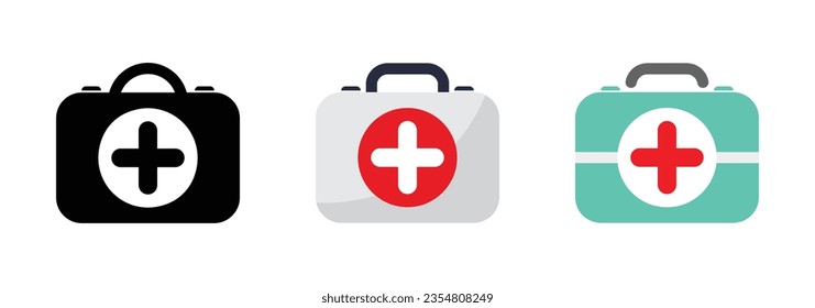 First aid kit icon set of three. Flat illustration of first aid kit vector icon for web design. First Aid Kit Icon Vector Illustration in red, black and white color.