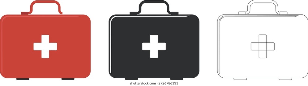 First Aid Kit Icon Set Vector – Medical Emergency Case Symbols in Red, Black and Outline