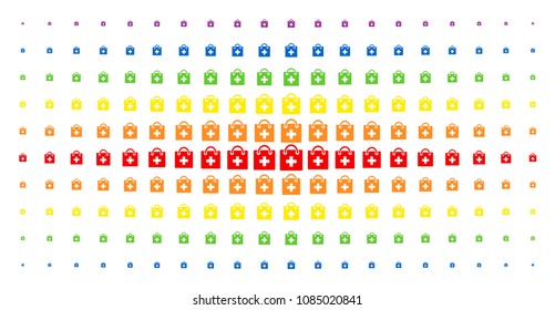 First aid kit icon spectral halftone pattern. Vector first aid kit pictograms are arranged into halftone grid with vertical spectral gradient. Designed for backgrounds, covers,