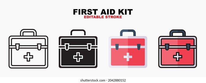 Símbolo del icono del kit de primeros auxilios conjunto de contorno, estilo de contorno sólido, plano y relleno. Aislado sobre fondo blanco. Icono de vector de trazo editable.