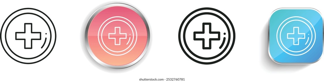 Icono de botiquín de primeros auxilios. Diseño de estilo lineal delgado, regular y de Botón aislado sobre fondo blanco