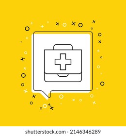 First aid kit icon in white speech bubble with decorative elements on a yellow background. Modern graphic announcement with thin line symbol. Vector illustration EPS 10