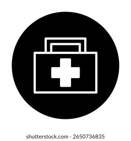 First aid kit icon within a black circle for medical and emergency assistance symbol