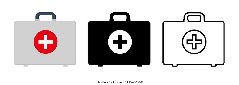 Kit de primeros auxilios. Iconos del kit de primeros auxilios. Iconos del contorno del cuadro médico. Bolso médico con farmacia para emergencias. Maleta de paramédico con cruz. Concepto salud y medicina. Ambulancia y hospital. Vector.