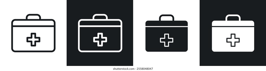 First aid kit icons pack in black and white filled and outlined versions.
