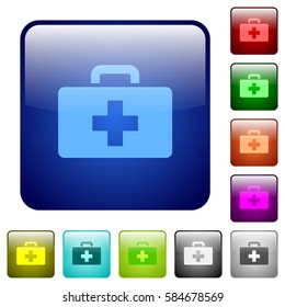 First aid kit icons in rounded square color glossy button set