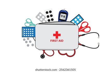 A first aid kit illustration containing medical tools like scissors, pills, stethoscope, glucose meter, and bandages, arranged neatly on a white background.