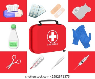 First aid kit illustration design, with a bag containing medicines and emergency medical supplies, complete enough for emergency treatment needs, realistic vector with health logo background