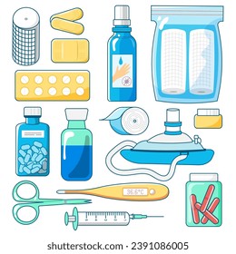 First aid kit illustration with medicaments and tools. Thermometer, pills, cure, pocket breathing mask and others.