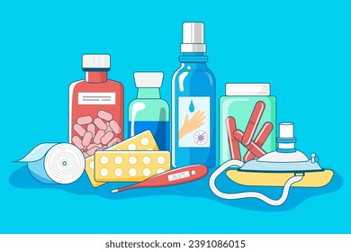 First aid kit illustration with medicaments and tools. Thermometer, pills, cure, pocket breathing mask and others.