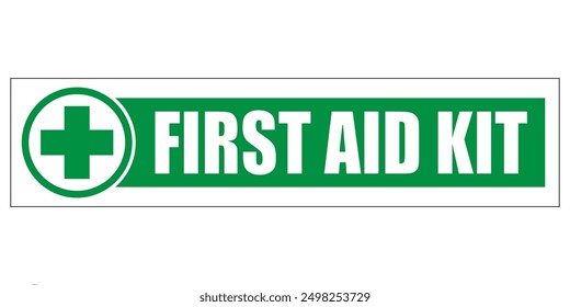 Botiquín de primeros auxilios, letrero de información con cruz verde sobre círculo blanco y texto a la derecha sobre fondo verde. Forma de tira larga Horizontal, etiqueta engomada.