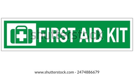 First aid kit, information sign with medical bag and text. Green long strip horizontal shape, sticker.