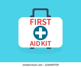 First aid kit isolated on blue background. Medical examination. Health care design in flat style. First aid kit box with medical equipment for emergency. Vector illustration.