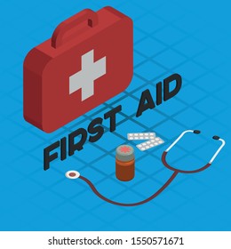 First aid kit isolated on background. Isometric first aid composition with medicine box. Isometric vector illustration for web, infographic and etc.