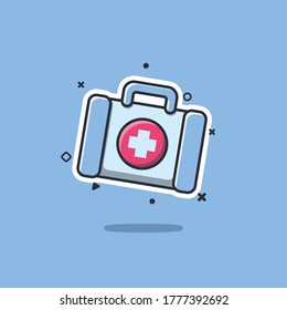 Kit de primeros auxilios aislado de fondo azul. Concepto de salud, ayuda y diagnóstico médico. Diseño plano. Ilustración vectorial. EPS 10, sin transparencia