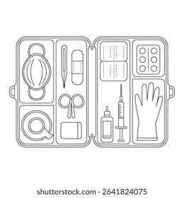First aid kit isolated on white background with medical supplies