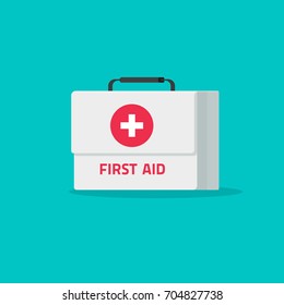 First aid kit isolated vector illustration, flat cartoon medical or pharmacy emergency kit icon, physician or healthcare bag pack idea, medic box