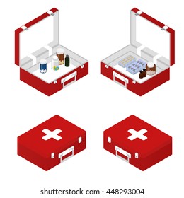 First aid kit isometric. Vector illustration.