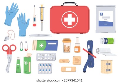 First aid kit. Items for providing medical care. Treatment of minor injuries, wounds, illnesses. Self-administration of first aid. Vector illustration