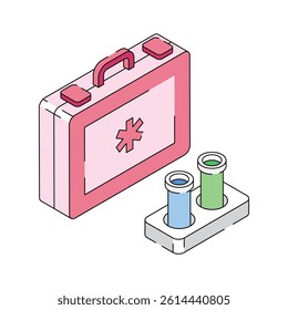 First aid kit with lab vials rack, icon in isometric style