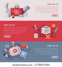 First Aid Kit Landing Page Templates Set, Medical Equipment and Medications, Emergency Service Tools Web Page, Mobile App, Homepage Vector Illustration