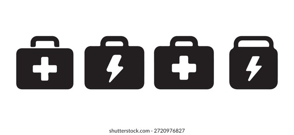 Kit de primeros auxilios y juego de iconos de relámpagos, símbolos de emergencia médica y energía.