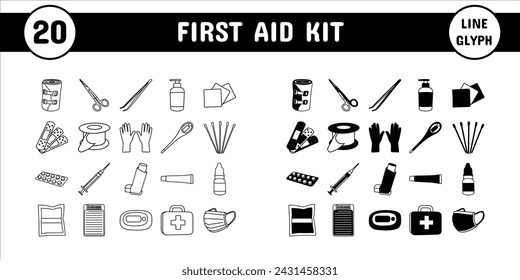 First Aid Kit Line Glyph Vector Illustration Icon Sticker Set Design Materials