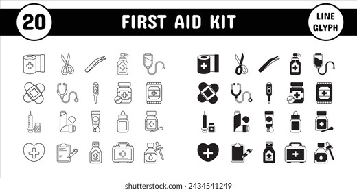 Kit de primeros auxilios Línea Glifo Ilustración vectorial Etiqueta engomada Conjunto de diseño Materiales