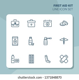 First aid kit line icon set. Suitcase, bag, pill, syrup. Medicine concept. Can be used for topics like therapy, treatment, cure