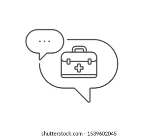 First aid kit line icon. Chat bubble design. Medical case sign. Outline concept. Thin line first aid icon. Vector