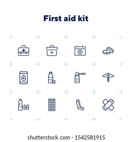First aid kit line icon set. Suitcase, bag, pill, syrup. Medicine concept. Can be used for topics like therapy, treatment, cure