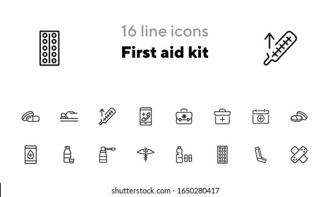 First aid kit line icon set. Suitcase, bag, pill, syrup. Medicine concept. Can be used for topics like therapy, treatment, cure