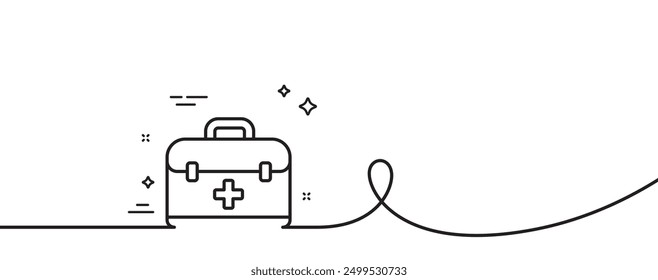 First aid kit line icon. Continuous one line with curl. Medical case sign. First aid single outline ribbon. Loop curve pattern. Vector