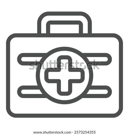 First aid kit line icon, human rescue concept. Vector graphics. Briefcase with medical cross, plus sign on white background, outline style icon for mobile or web design