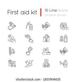 First aid kit linear icons set. Elastic bandages for injury treatment. Fever medication. Customizable thin line contour symbols. Isolated vector outline illustrations. Editable stroke