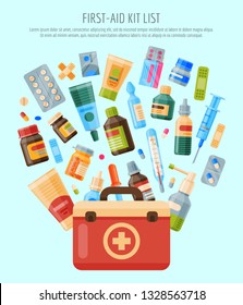 First aid kit list banner, poster vector illustration. Medicine, pharmacy store, hospital set of drugs with labels. Medication, pharmaceutics concept. Medical pills and bottles. Drug list.