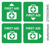 First Aid Kit Location Sign set with arrows, up, down, right and left, green square vector design elements