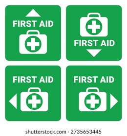 First Aid Kit Location Sign set with arrows, up, down, right and left, green square vector design elements