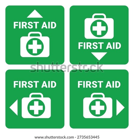 First Aid Kit Location Sign set with arrows, up, down, right and left, green square vector design elements