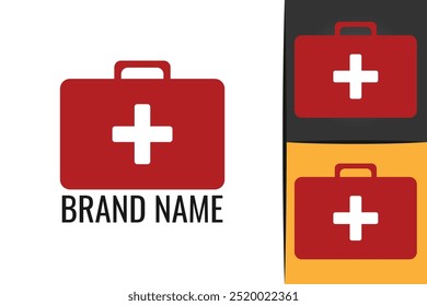 First aid kit logo. Cross safety medic treatment ambulance logotype. Medical bag icon logo