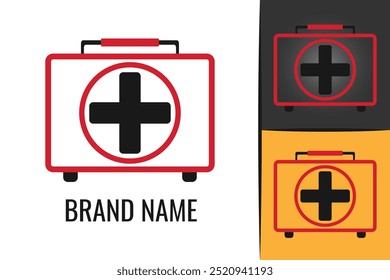 First aid kit logo. Cross safety medic treatment ambulance logotype. Medical bag icon logo