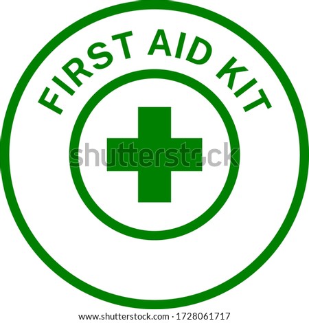 First aid kit logo. Medic box label. Paramedic sign. Medicine for emergency. Simple flat colour vector. Product service brand sticker. Board banner display. Hospital or clinic. Pharmacy drugs.
