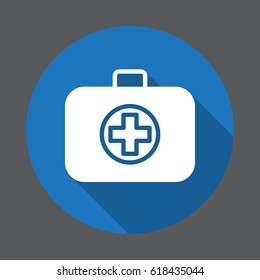 First aid kit, medical bag flat icon. Round colorful button, circular vector sign with long shadow effect. Flat style design
