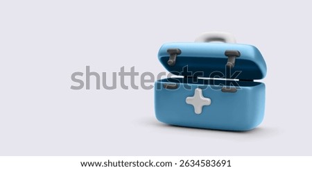 First Aid Kit, Medical Box with Handle and Cross Symbol, Open Lid Design in Blue Color on Light Background. Perfect for Emergency, Healthcare, and Rescue Themes. Vector Illustration.