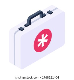 First aid kit for medical emergency icon in isometric design 