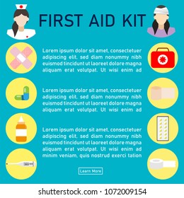 First aid kit  with medical equipment and medications for informativeness vector illustration.