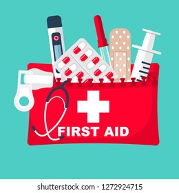 First aid kit. Medical equipment and medications. Healthcare concept. Vector illustration flat design. Emergency template banner. Help in colds. Syringe pill pipette and plaster for travel and auto. 